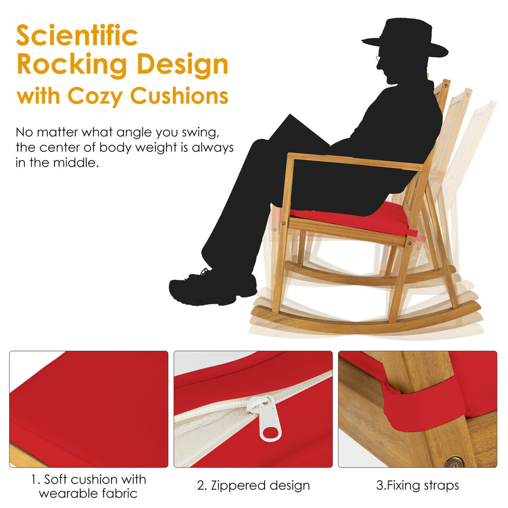 Patio acacia wood rocking chair with red cushion, featuring a sturdy design and cozy armrests for outdoor relaxation.
