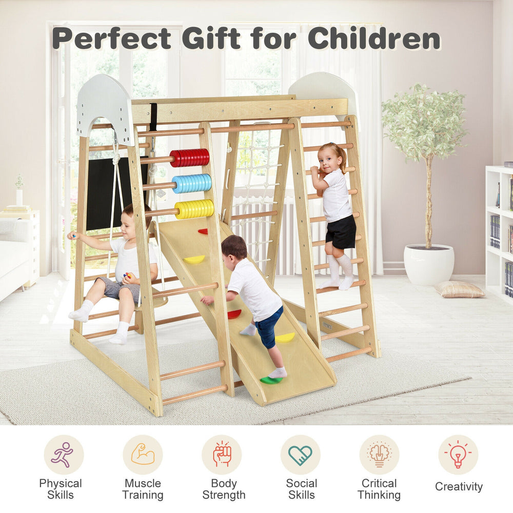 Wooden 8-in-1 indoor playground climbing gym for children, featuring a slide and climbing elements for physical skill.