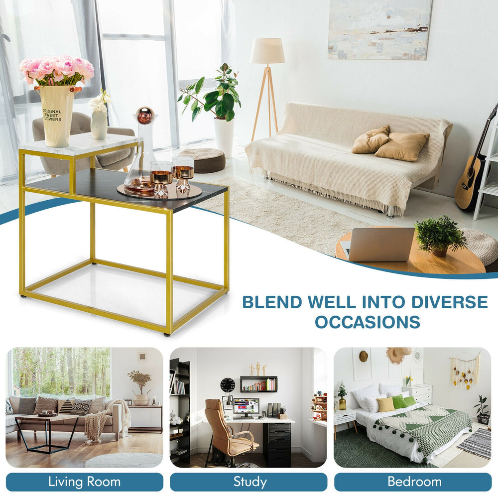 2-tier end side table with metal frame and marble patterns, perfect for living room, study, or bedroom storage.