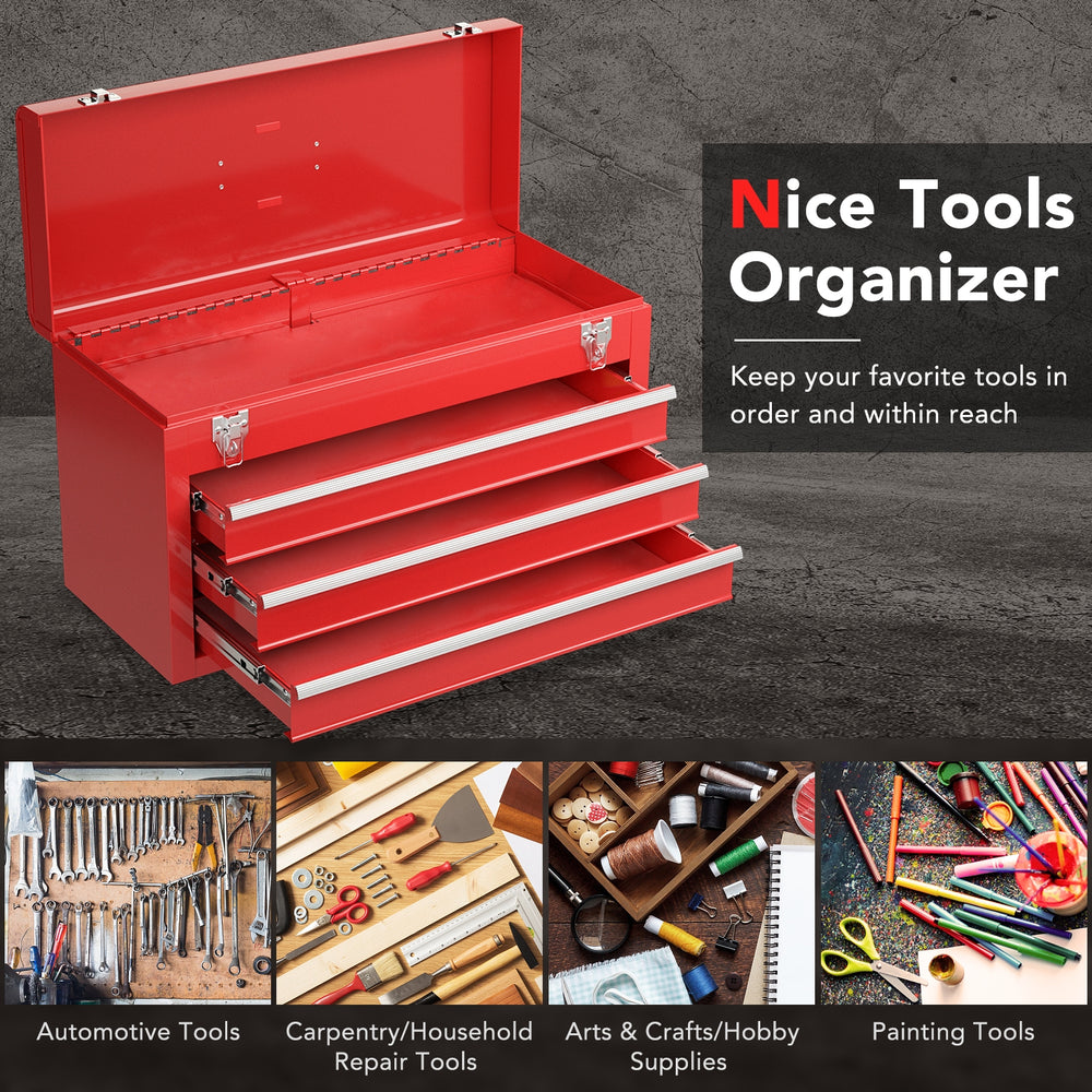 Portable red garage mechanic tool cabinet box with 3 drawers, featuring a top tray for easy access to tools.
