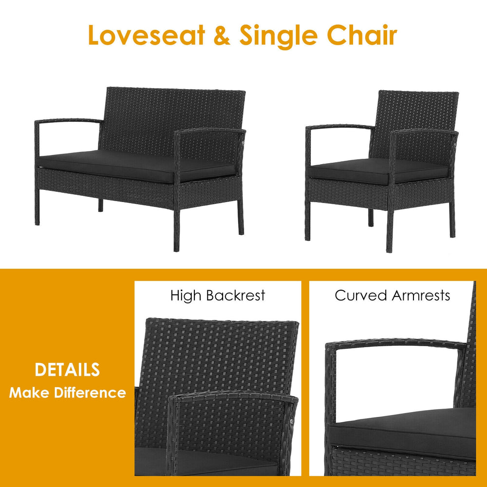 Loveseat and single chair from a 4-piece patio rattan furniture set with high backrest and curved armrests.