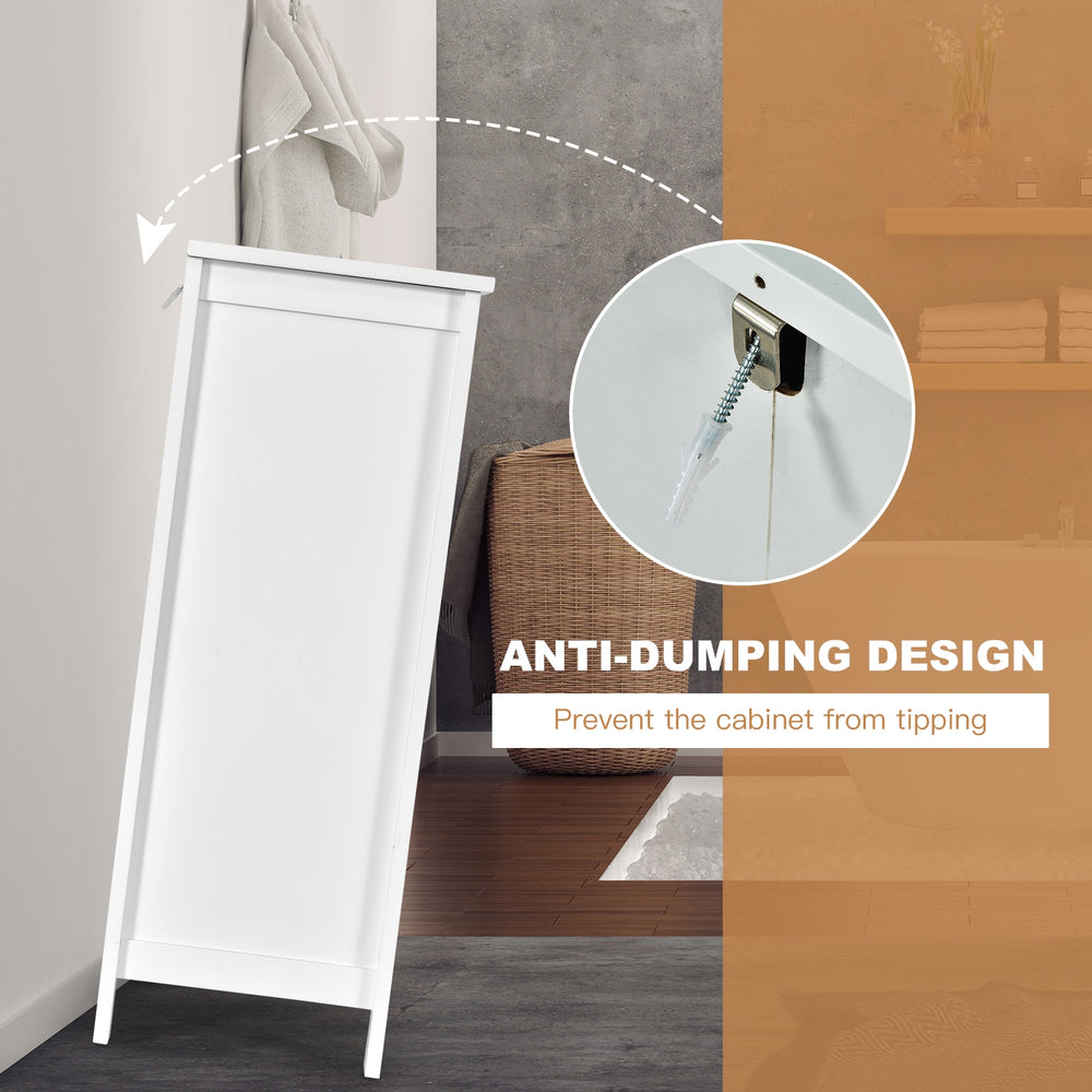 2-door white bathroom storage cabinet with anti-dumping design, adjustable shelves, and ample storage for various items.