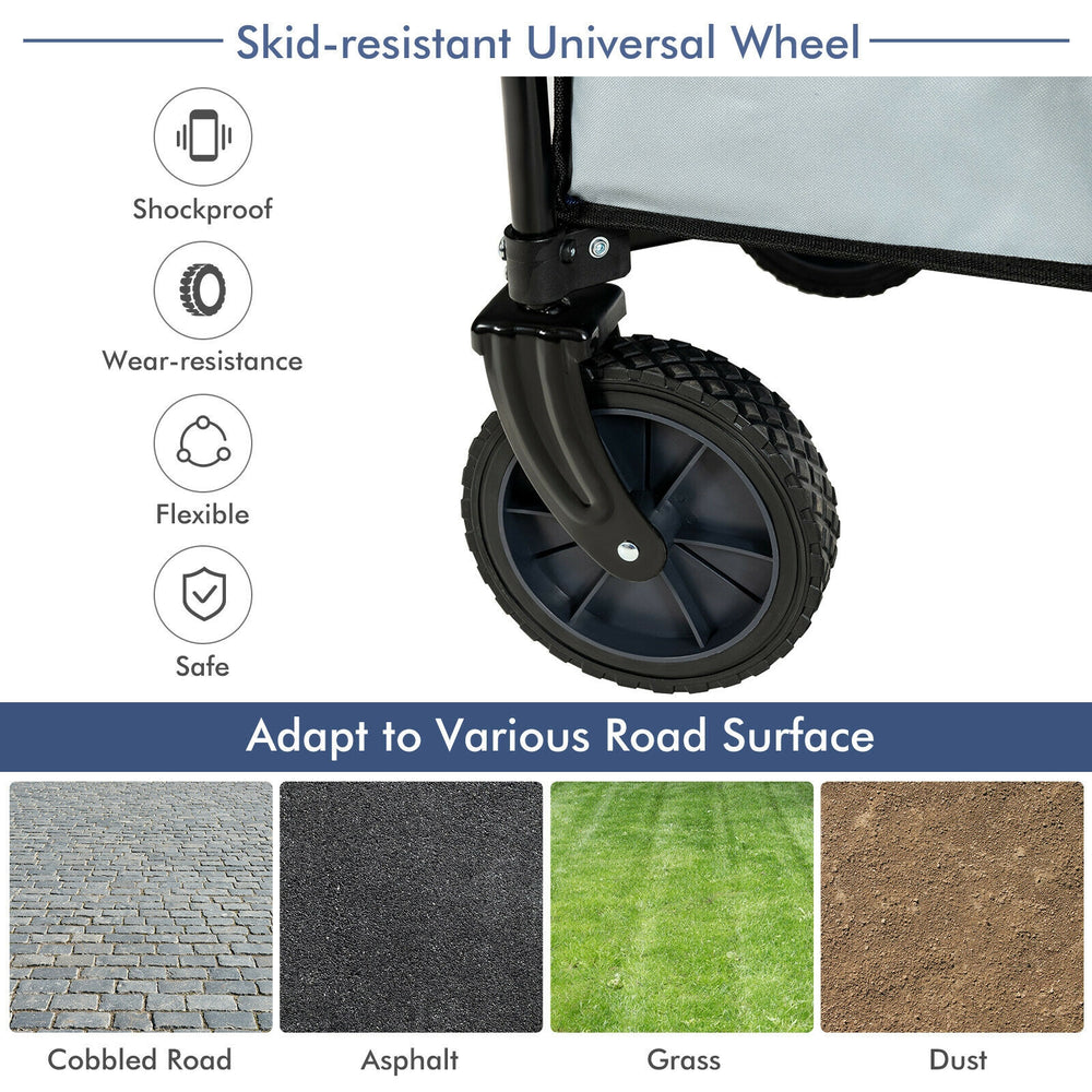 Close-up of the skid-resistant universal wheel of the gray outdoor folding wagon cart, designed for various terrains.