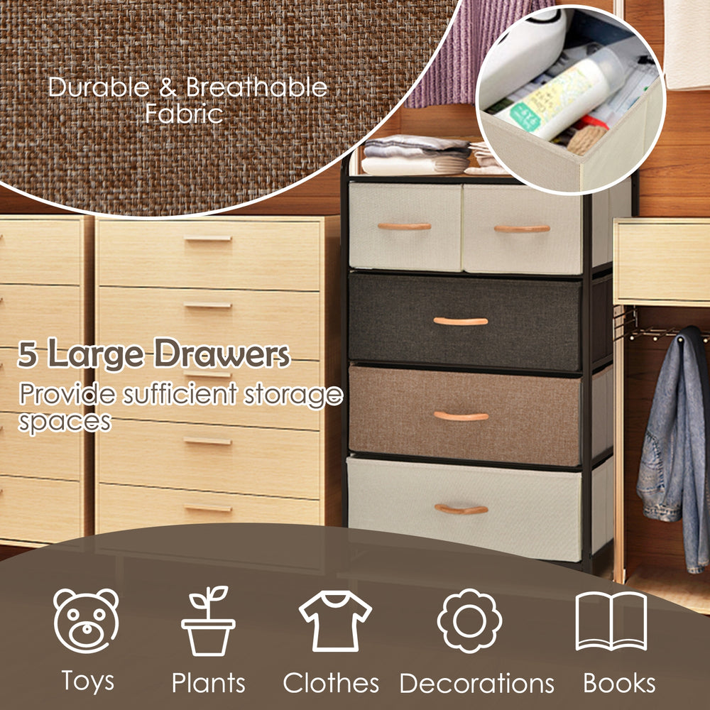 5-drawer storage organizer with a steel frame and wooden top, perfect for versatile home decor and efficient storage.