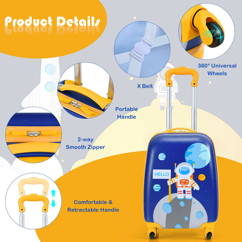 Kids suitcase with space design, 360° wheels, adjustable handle, and matching backpack for travel convenience.