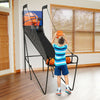Foldable single shot basketball arcade game with electronic scorer, featuring a sturdy frame and included basketballs.