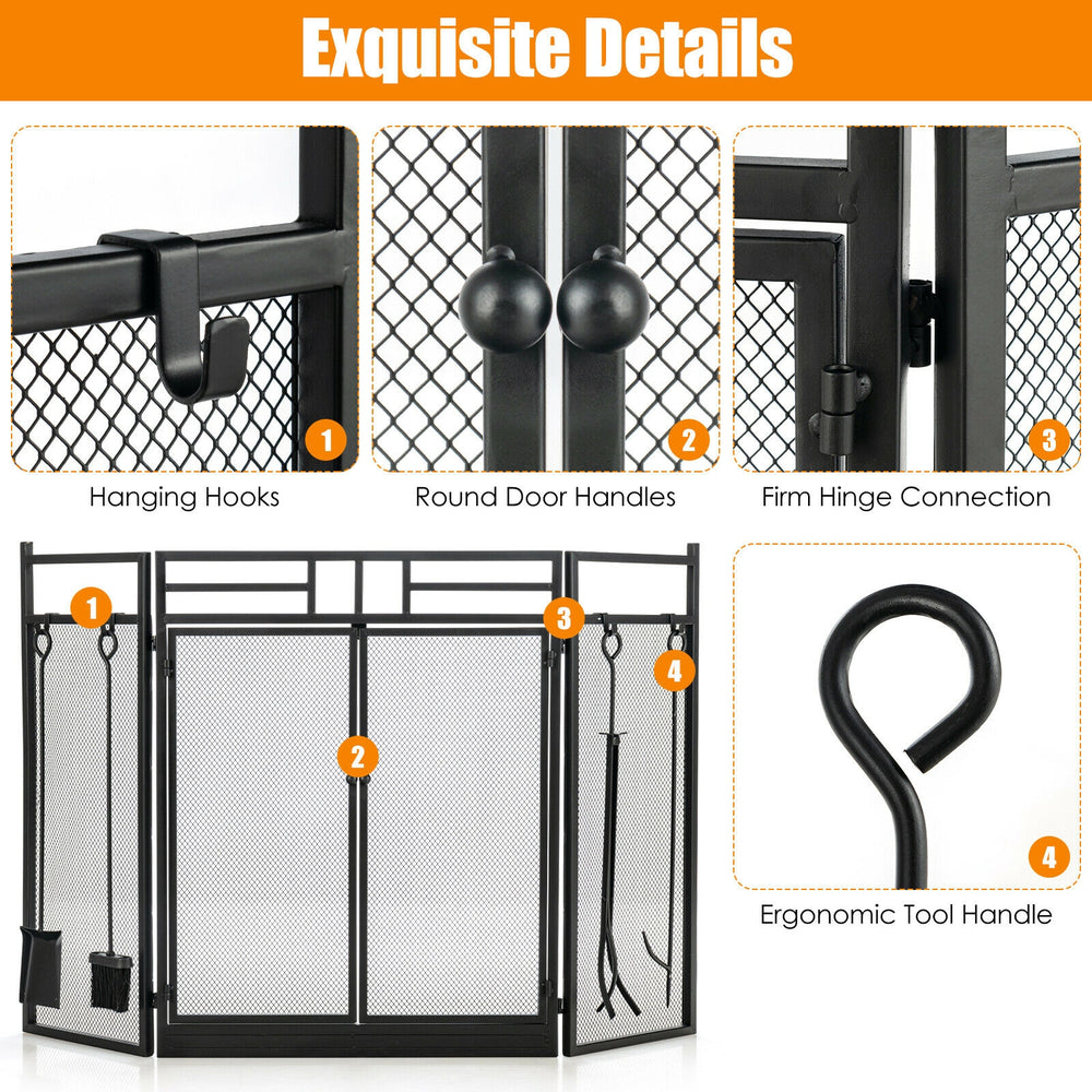 3-panel folding wrought iron fireplace screen with doors and tools set, featuring ergonomic handle and durable.