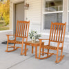 Eucalyptus rocking chair set with coffee table, perfect for outdoor relaxation on patio or porch.
