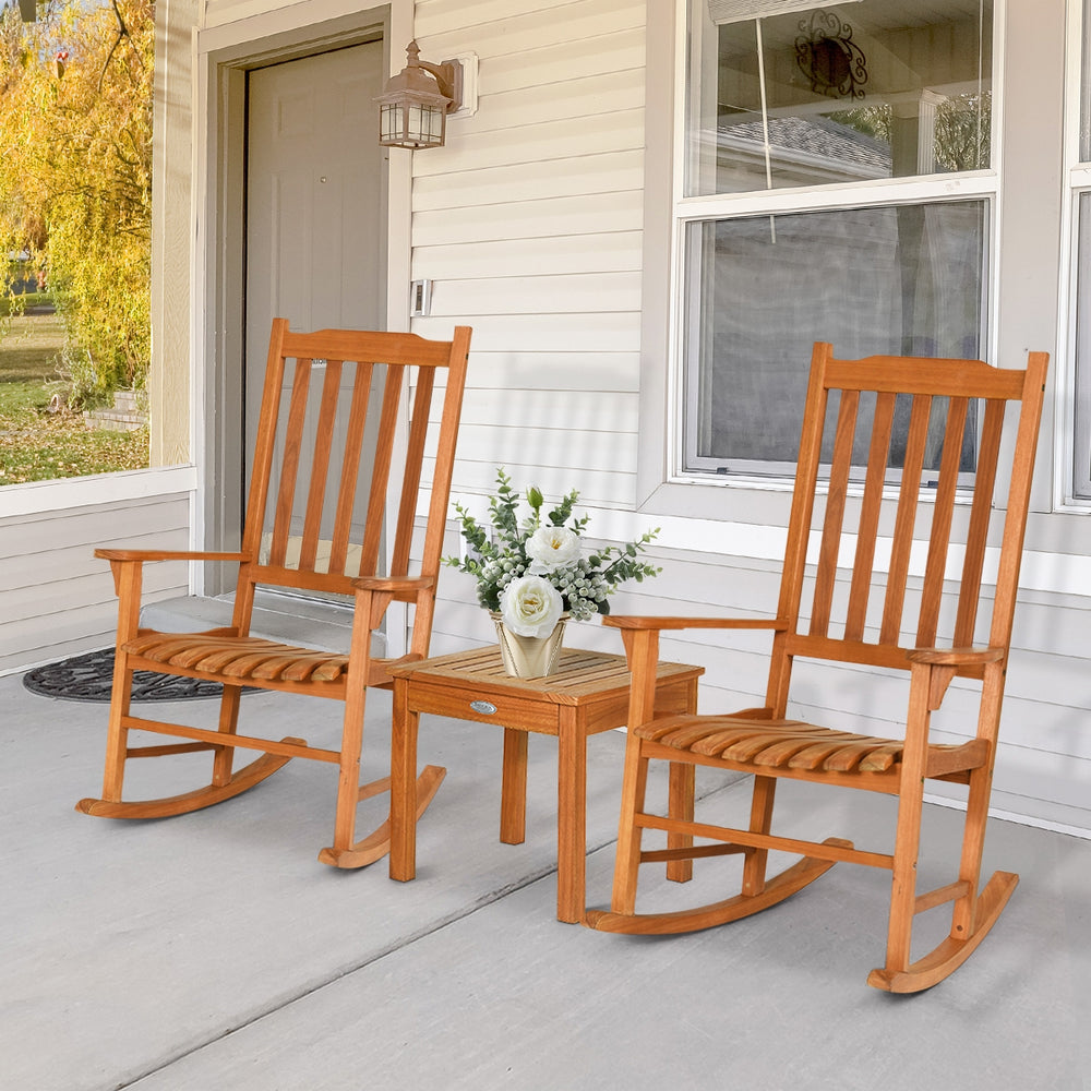 Eucalyptus rocking chair set with coffee table, perfect for outdoor relaxation on patio or porch.