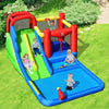 Inflatable water slide with climbing wall, basketball hoop, and splash pool, perfect for outdoor summer fun for kids.