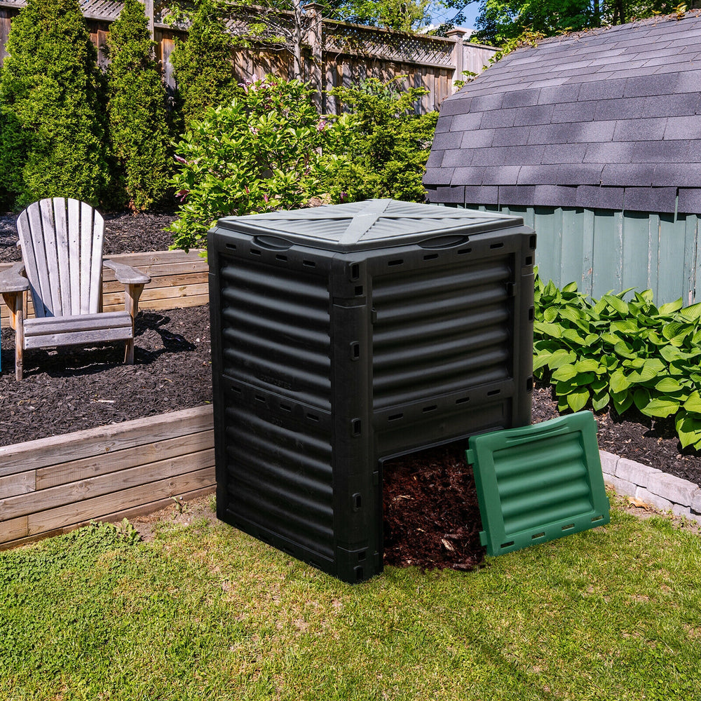 80-gallon outdoor composter in green with large open lid and bottom exit door for easy compost access and garden use.