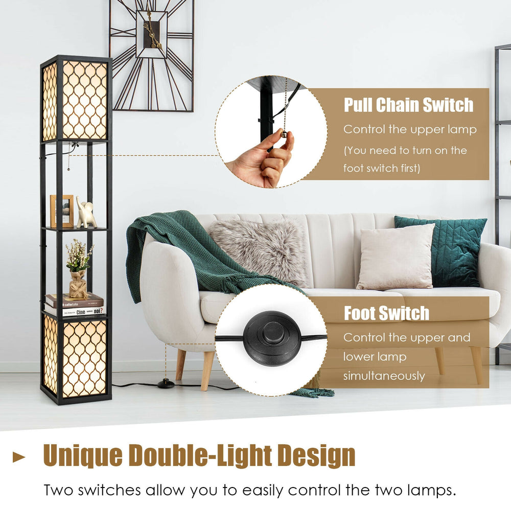 Modern freestanding floor lamp with double light design, pull chain, and foot switch, perfect for living room or.