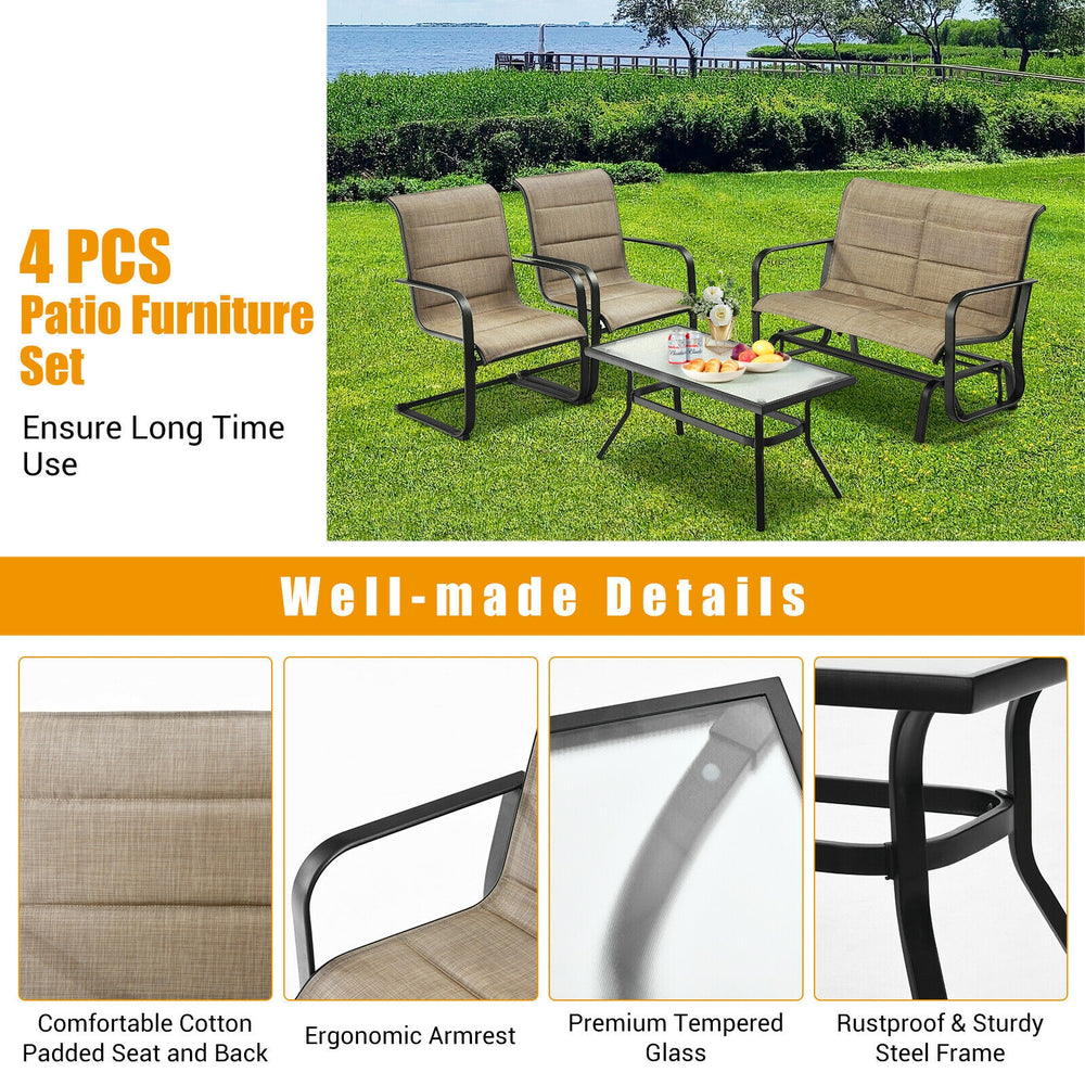 4-piece outdoor patio furniture set featuring a padded glider loveseat and coffee table for garden relaxation.