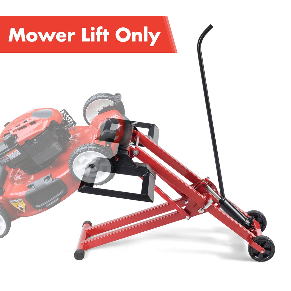 Hydraulic lawnmower lift jack in red, designed for easy maintenance of tractors and zero turn mowers, supports 500 lbs.