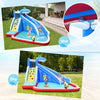 Inflatable Shark Bounce House with water slide and climbing wall, featuring bright colors for backyard fun and safety.