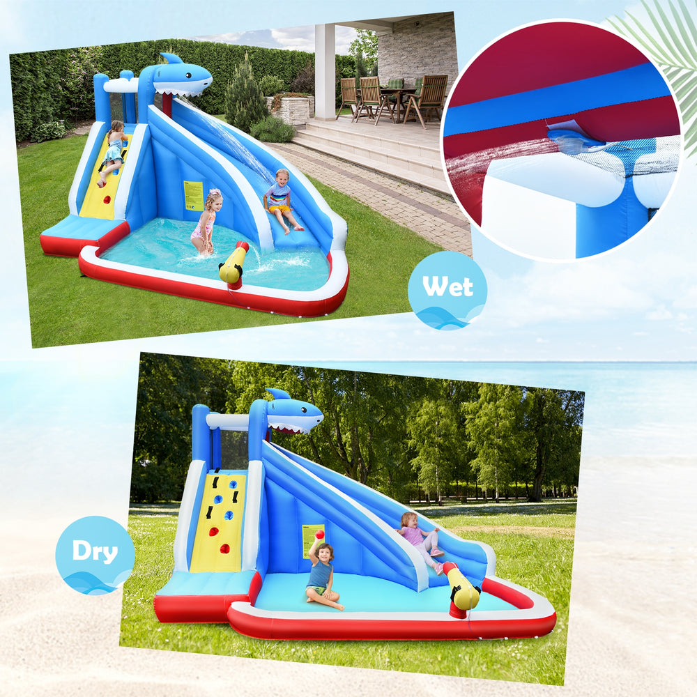 Inflatable Shark Bounce House with water slide and climbing wall, featuring bright colors for backyard fun and safety.