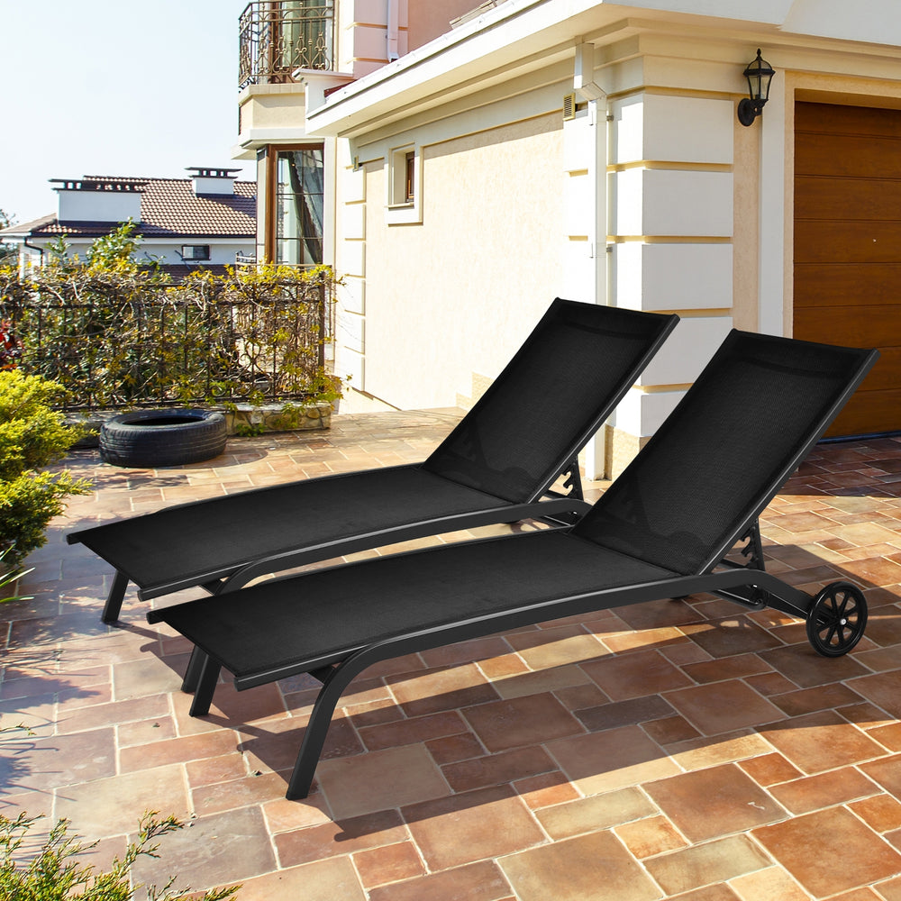 Adjustable black outdoor chaise recliner with wheels, featuring a heavy-duty steel frame, perfect for patio relaxation.