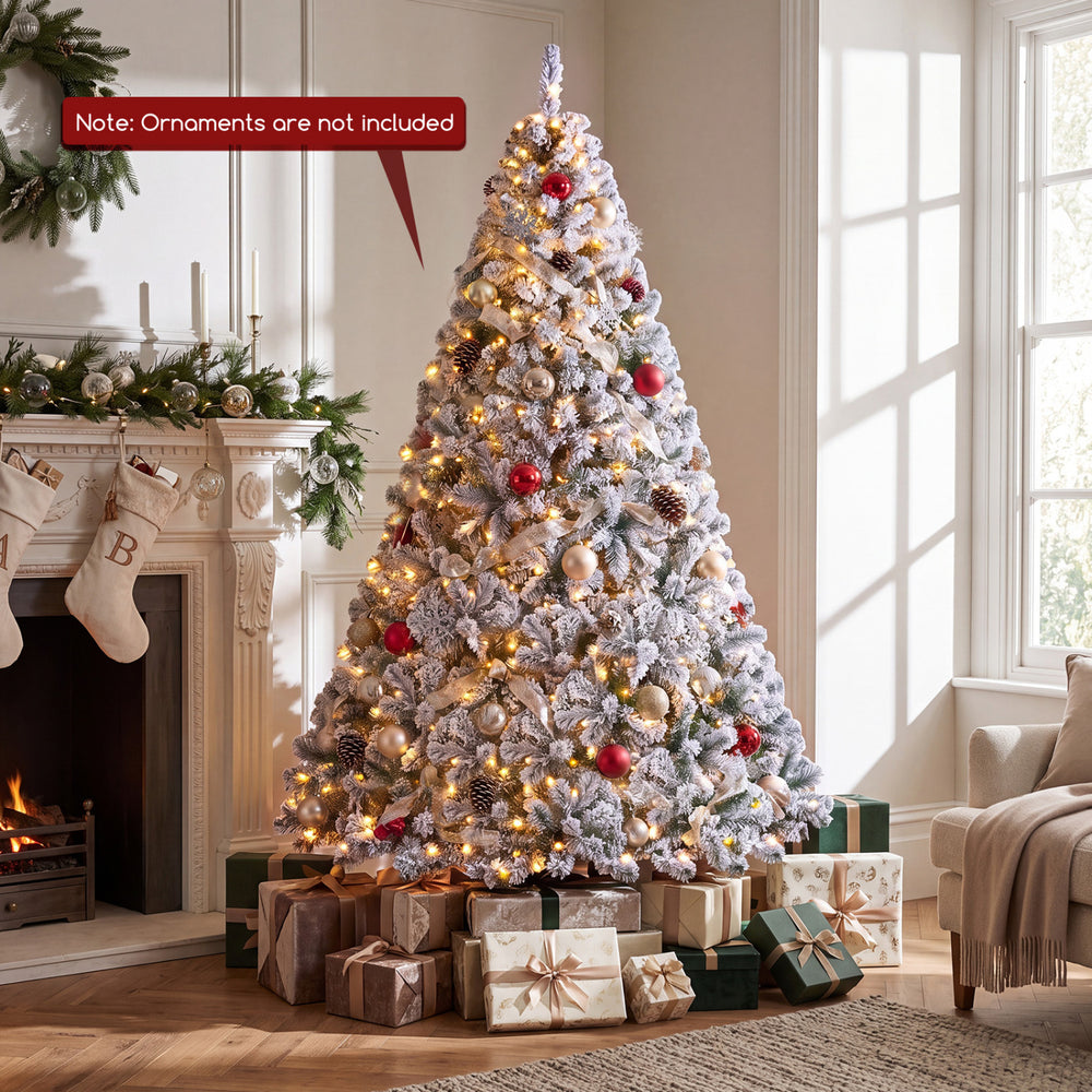 6FT Smart Pencil Christmas Tree with wintry white flocking, 450 RGB LED lights, and gifts underneath for festive decor.