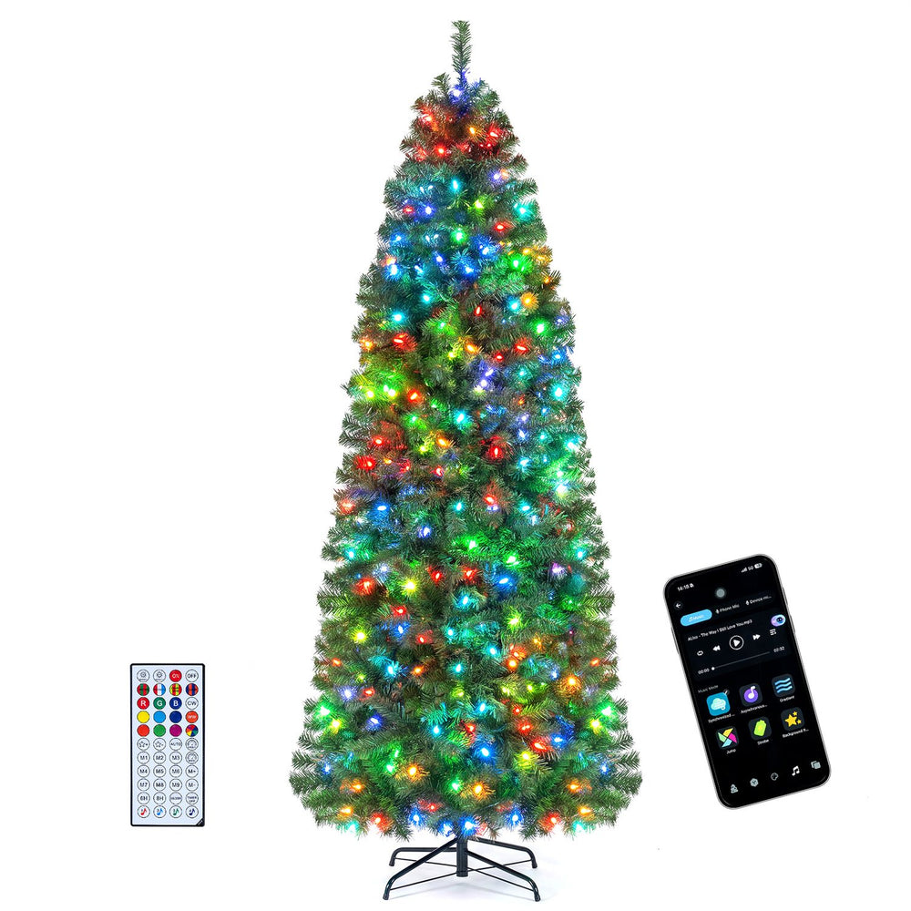7.5 FT Smart Pencil Christmas Tree with 380 RGB LED lights, featuring remote control and 42 lighting effects for festive decor.