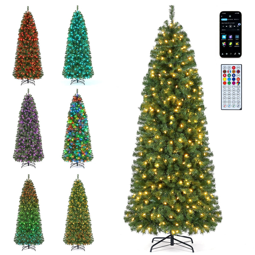 7.5 FT Smart Pencil Christmas Tree with 380 RGB LED lights, featuring 42 lighting effects and a folding metal stand.