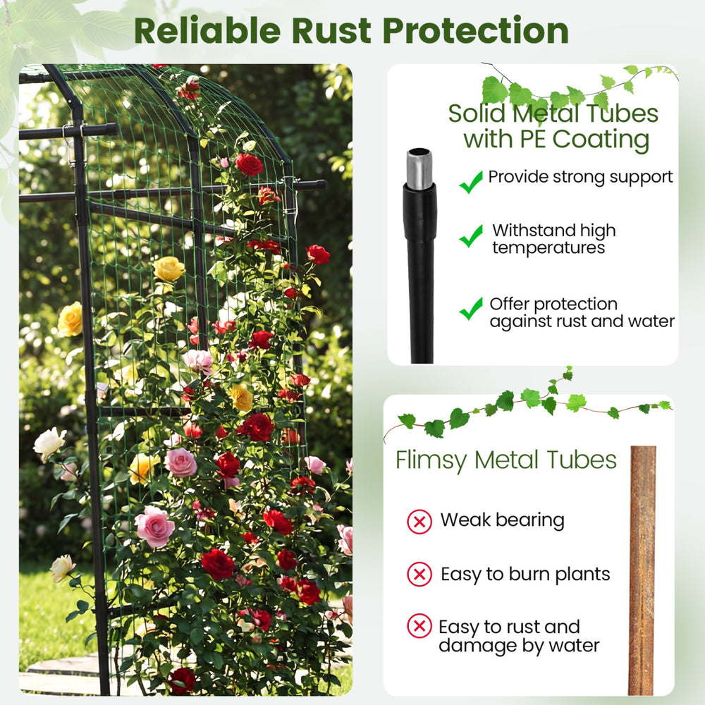 7.5 FT tall black metal garden arch trellis with PE-coated tubes, providing stable support for climbing plants outdoors.