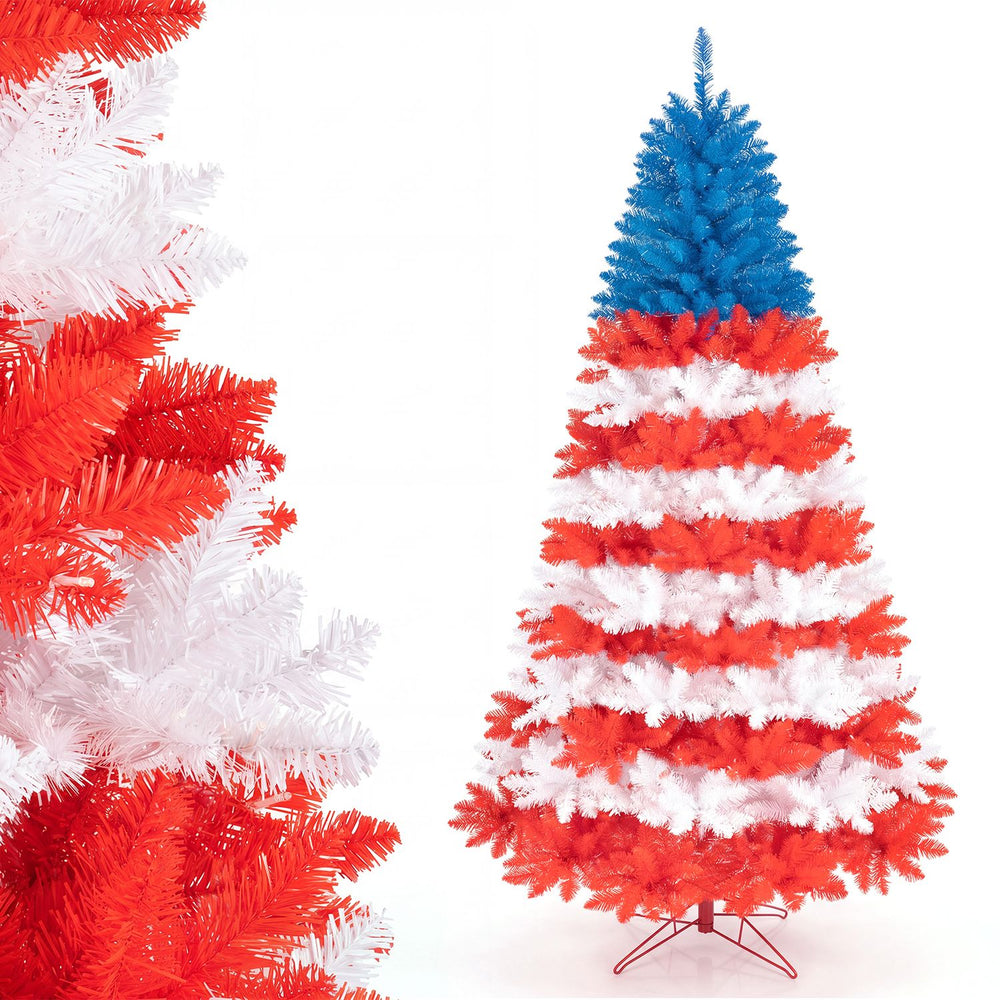 Artificial 7.5 feet Christmas tree with red, white, and blue foliage, featuring 480 warm white LED lights for festive decor.