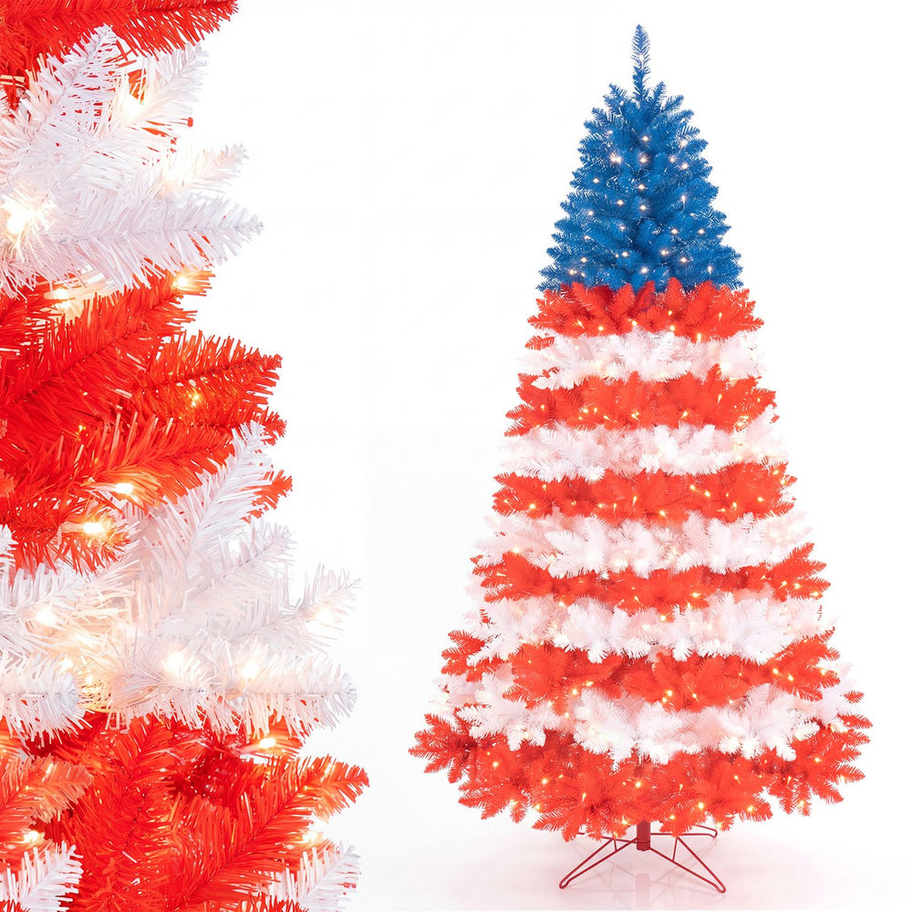 Colorful 7.5 feet artificial Christmas tree with red, white, and blue foliage and 480 warm white LED lights for festive decor.