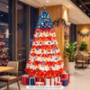 7.5 feet artificial Christmas tree with red, blue, and white foliage, featuring 480 warm white LED lights for festive ambiance.