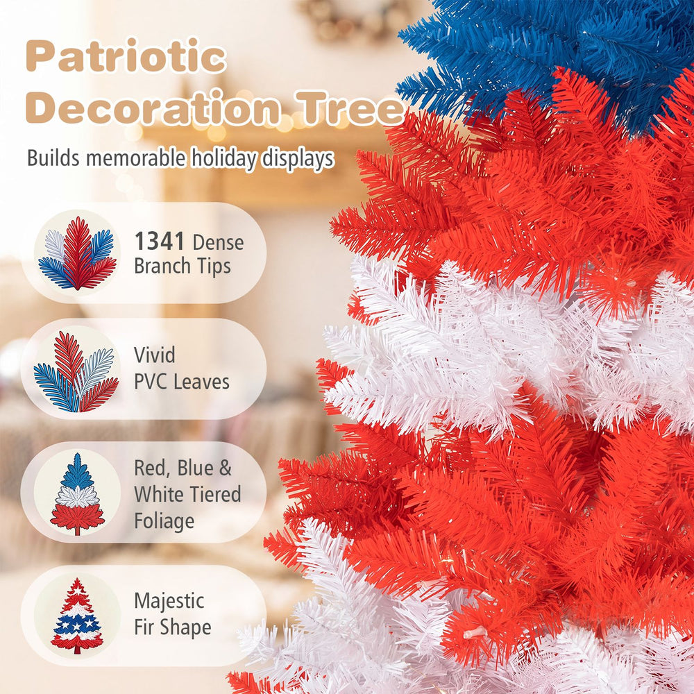 7.5 feet artificial Christmas tree with red, blue, and white foliage, featuring 480 warm white LED lights for festive charm.