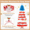 7.5 feet artificial Christmas tree features red, blue, and white foliage with 480 warm white LED lights for festive decor.