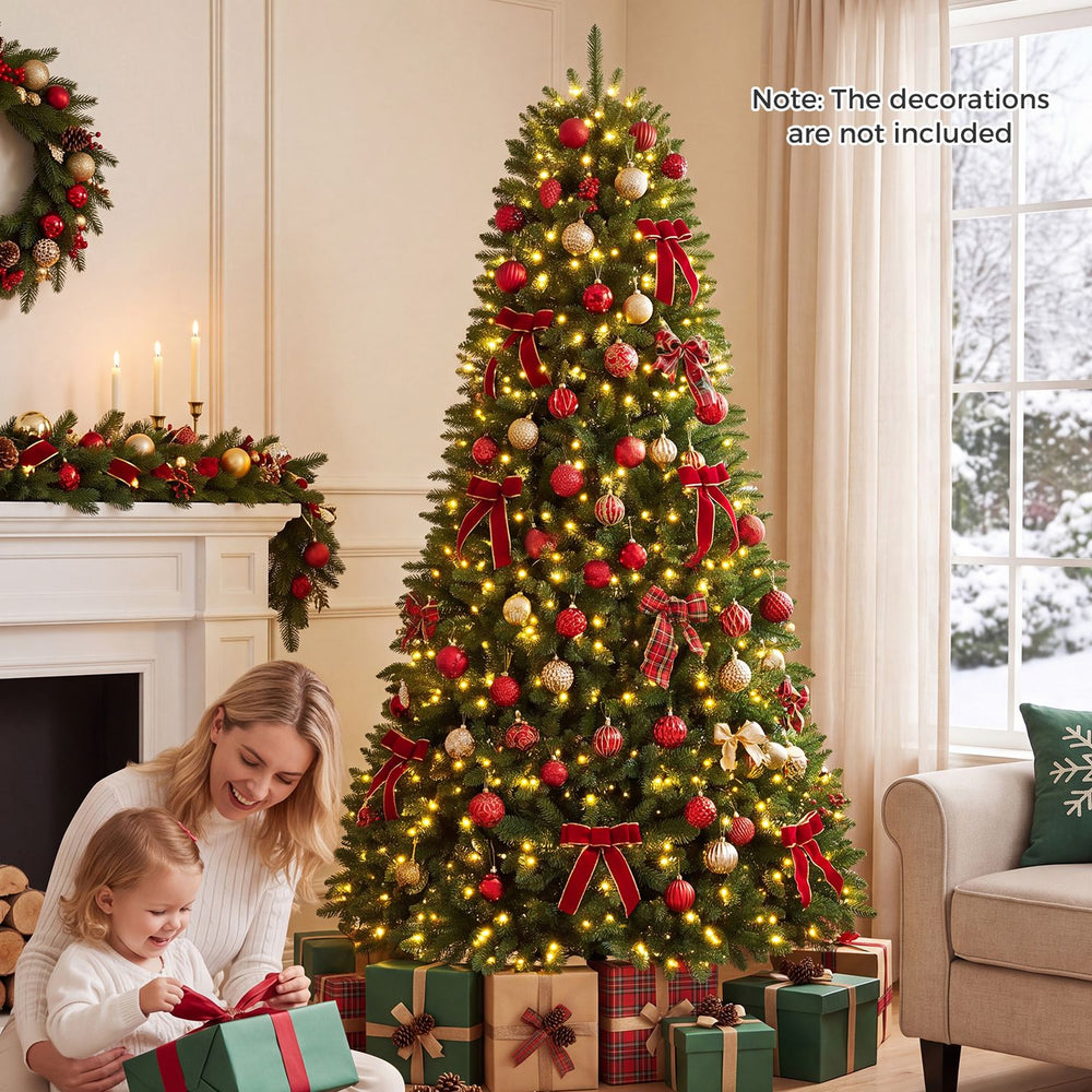 7.5 feet artificial fir Christmas tree with 700 LED lights, featuring 1968 branch tips for ample decorative space.