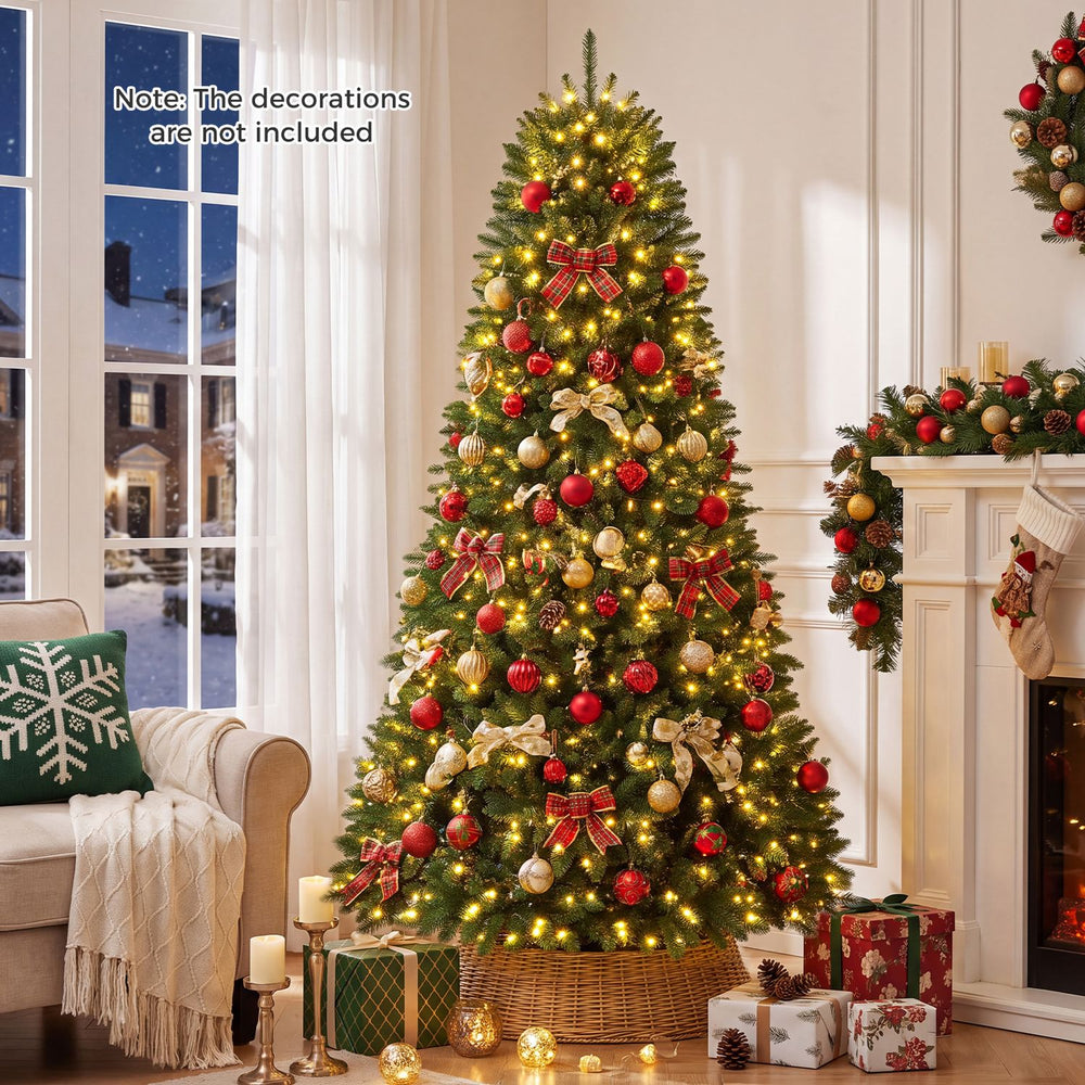 7.5 feet artificial fir Christmas tree with 700 LED lights, featuring 1968 branch tips for ample decorating space.