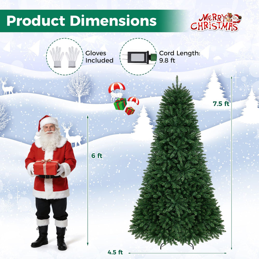 7.5 feet artificial fir Christmas tree with 700 LED lights, featuring 1968 branch tips for ample decoration space.