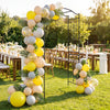 Garden arbor metal arch trellis with balloons, perfect for outdoor weddings and events, featuring a curved roof design.