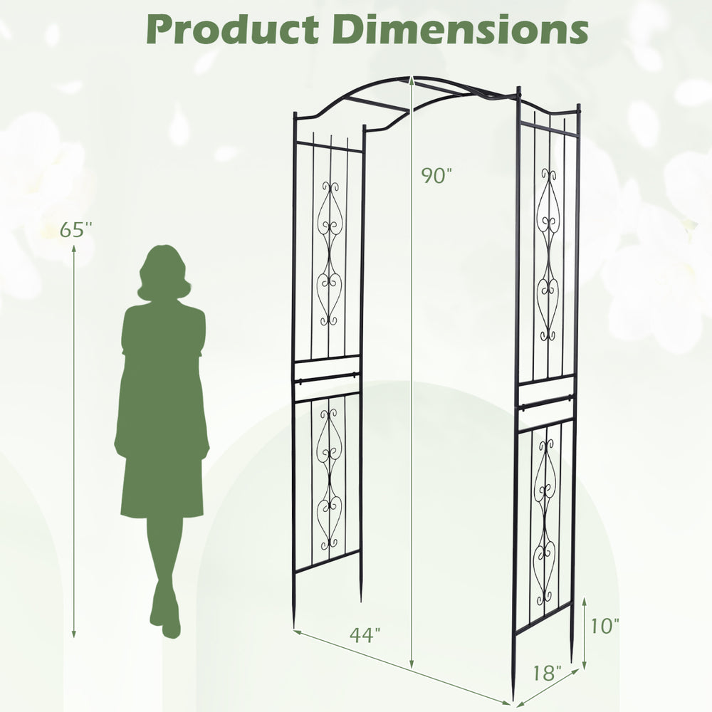 Dimensions of the 7.5 Feet Garden Arbor with curved roof, ideal for outdoor events and supporting climbing plants.