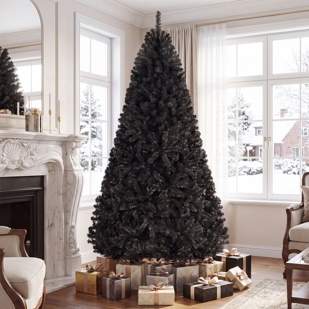 Striking 7.5 feet hinged black artificial Christmas tree with 1258 PVC branch tips, perfect for festive holiday decor.