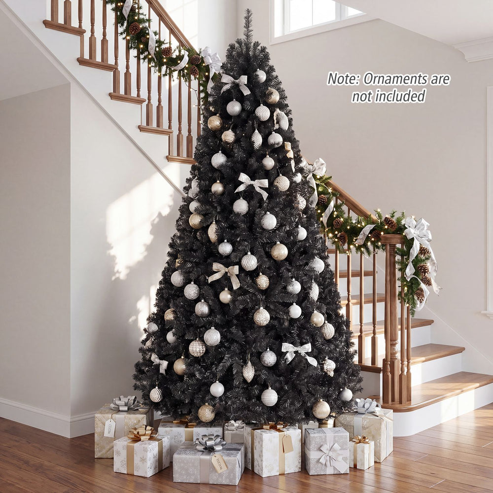 Black 7.5 feet hinged artificial Christmas tree with 1258 branch tips, perfect for festive holiday decorations.