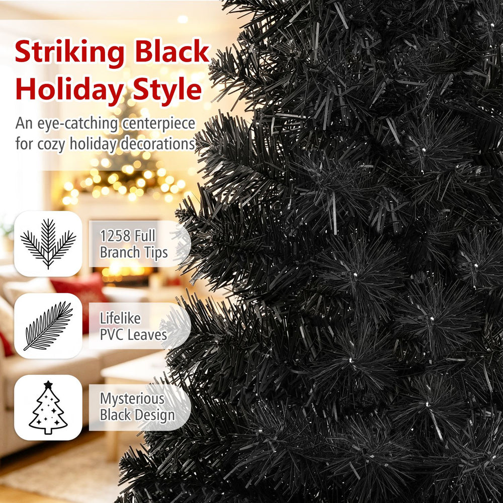 Striking 7.5 feet hinged artificial Christmas tree with 1258 black PVC branch tips, perfect for Halloween or Christmas decor.
