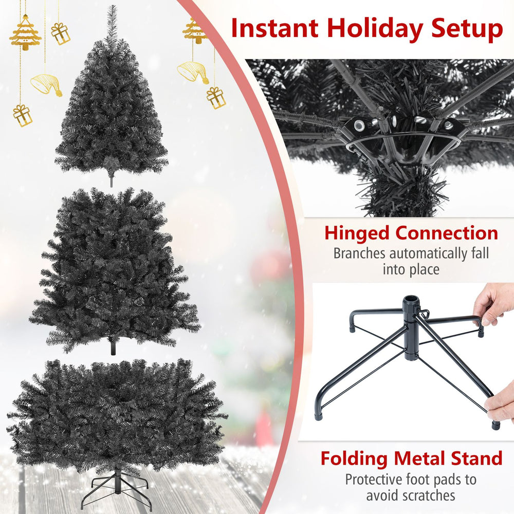 7.5 feet hinged artificial black Christmas tree with 1258 PVC branch tips, ideal for festive holiday decoration.