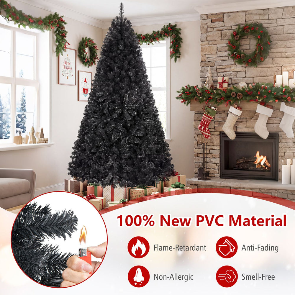 Black 7.5 feet hinged artificial Christmas tree made of flame-retardant PVC, perfect for holiday decorating.