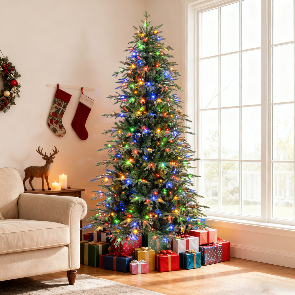 7.5 feet pre-lit artificial Christmas tree with 400 LED lights, showcasing vibrant colors and lush branch tips, perfect.