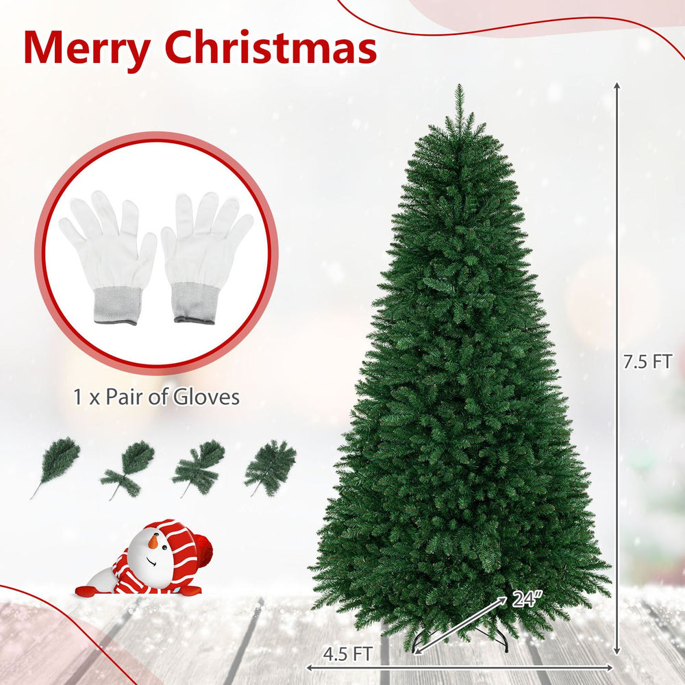 7.5-foot unlit artificial Christmas tree with 1968 branch tips, PVC material, and a sturdy iron base for stability.