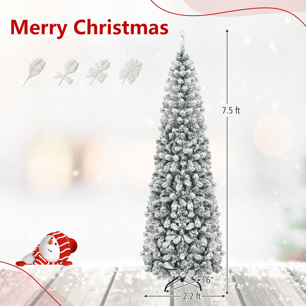 Snow-flocked 7.5 ft unlit pencil Christmas tree with 641 tips, perfect for small spaces and cozy holiday decorations.