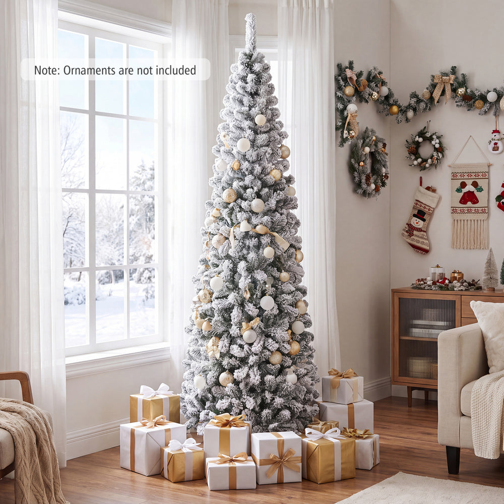 Snow-flocked 7.5 feet pencil Christmas tree with 641 tips, perfect for small spaces and cozy holiday decorations.