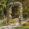 Wooden garden arch trellis in rustic brown, ideal for climbing plants and decorative displays in outdoor spaces.
