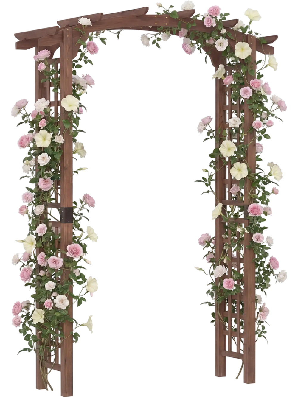 Wooden garden arch trellis in rustic brown with climbing plants, perfect for weddings or patio entryways.