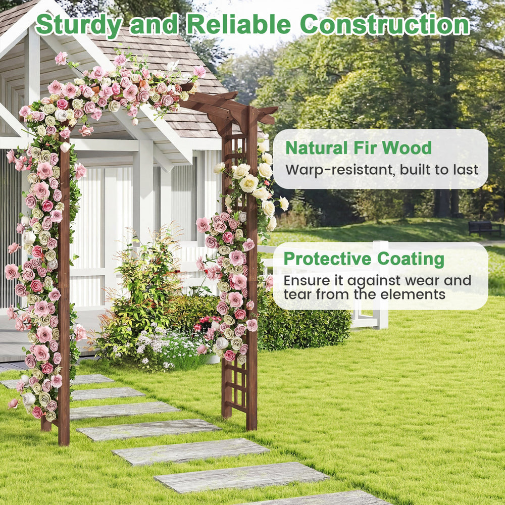 Wooden garden arch trellis made of fir wood in rustic brown, ideal for climbing plants and outdoor decoration.