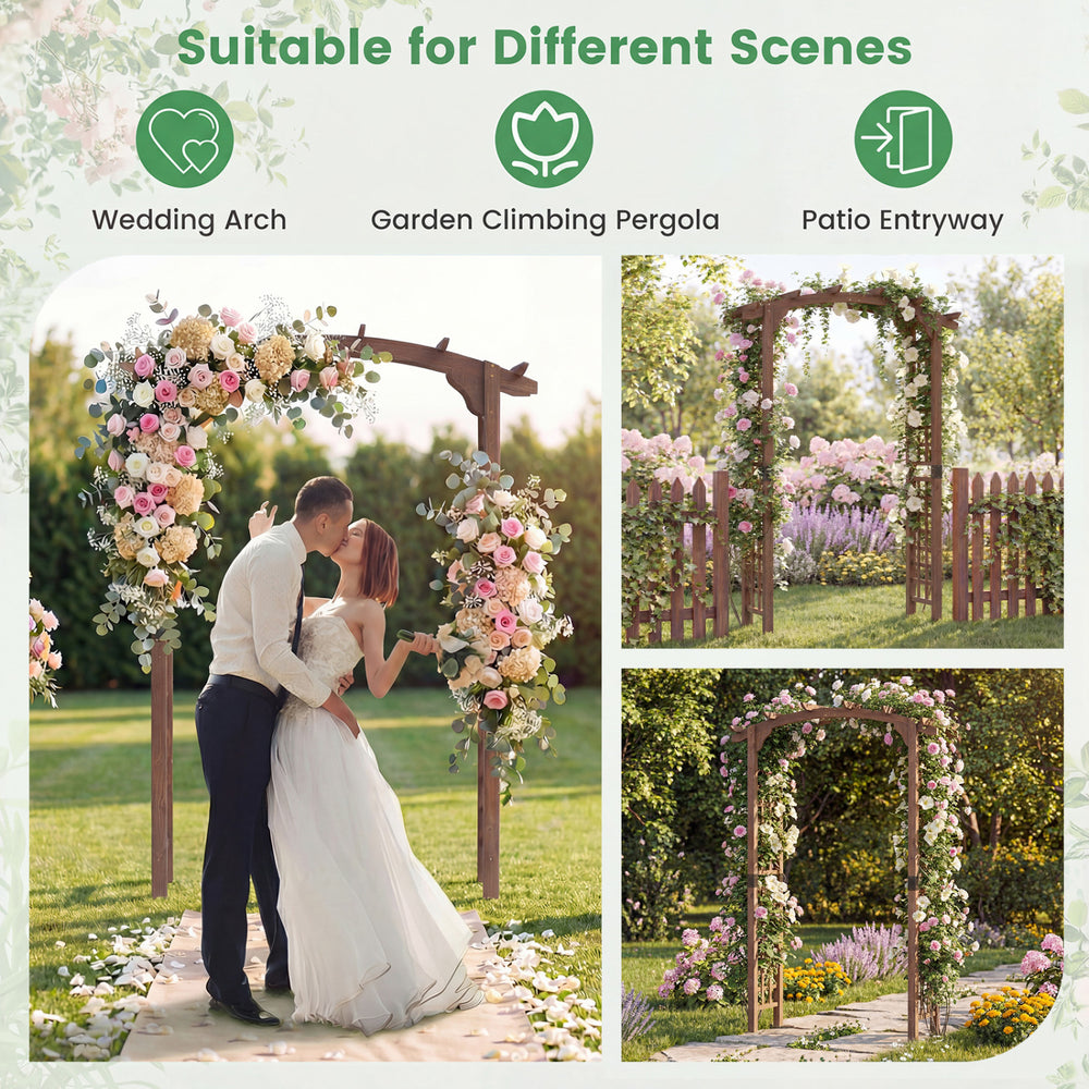 7.5 Ft wooden garden arch in rustic brown, ideal for weddings, patios, or climbing plants with elegant grid trellises.