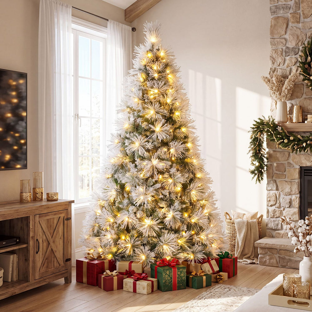 7.5 ft Flocked Pine Christmas Tree with Folding Metal Stand - Gallery View 1 of 10
