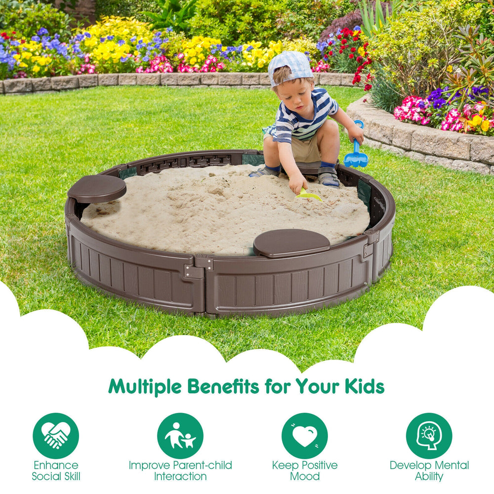 Brown sandbox with built-in corner seats and cover, perfect for outdoor play and enhancing kids' creativity.